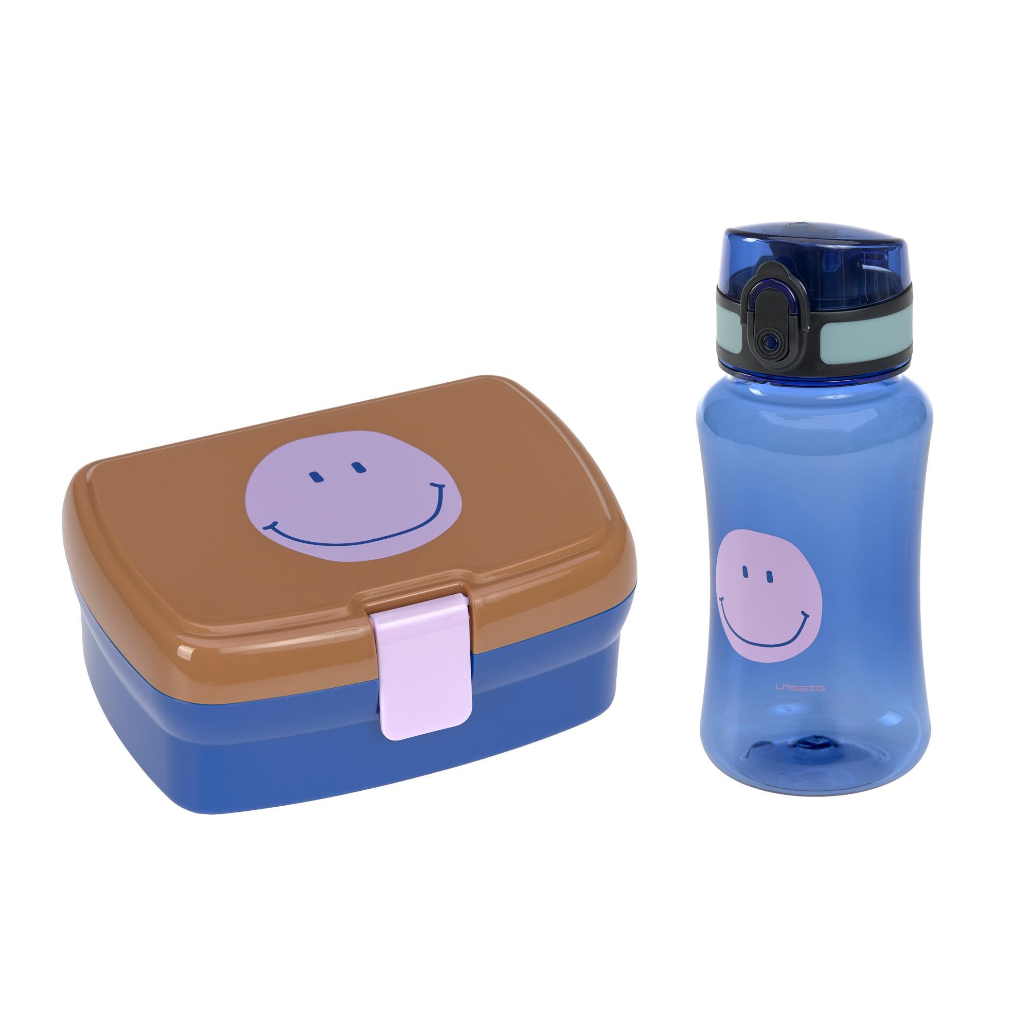 LÄSSIG Pudełko śniadaniowe i zestaw do picia – zestaw obiadowy z lunchem i butelką do picia (460 ml)/Little Gang Smile Carmel/Blue