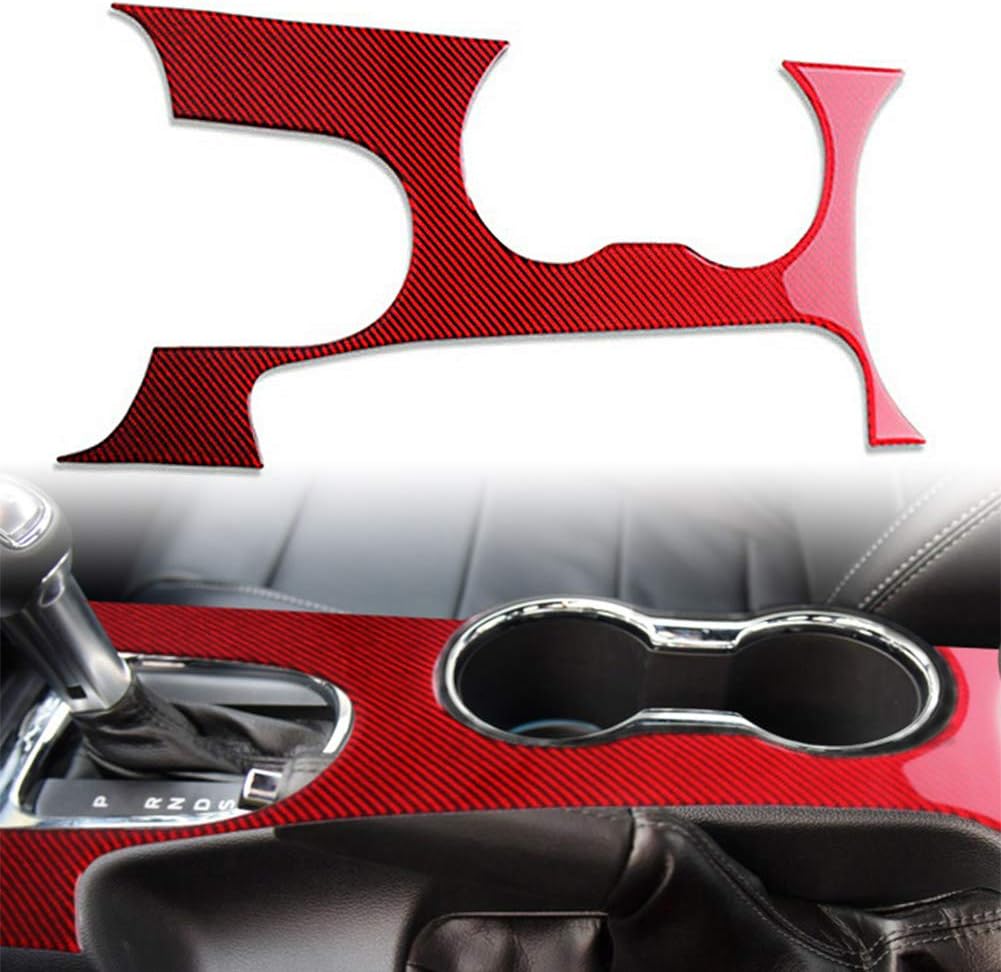 SIKUAI Gear Shift Shifter Panel Cover Trim Interior Decoration for Mustang 2015 2016 2017 2018 2019, Carbon Fiber Red