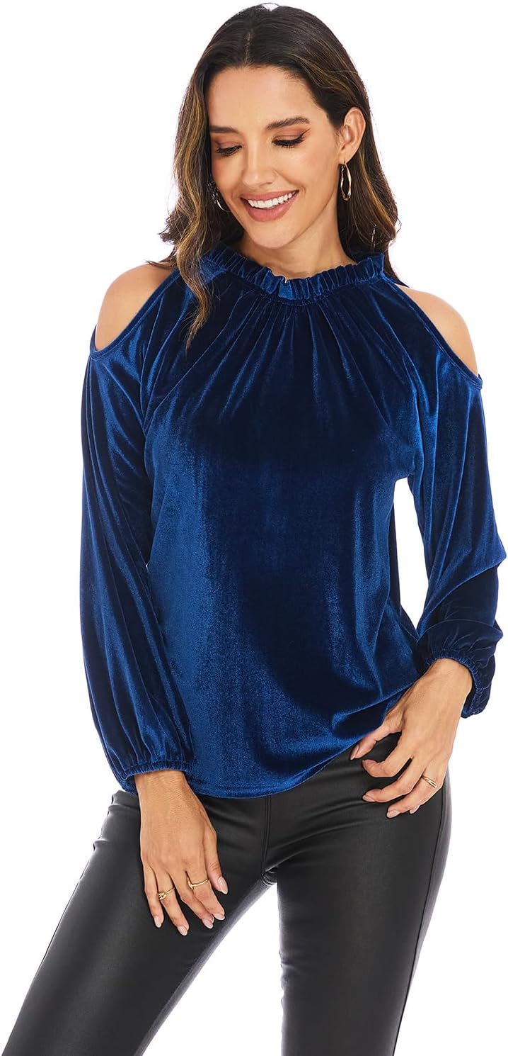 Womens Velvet Tops Fall Winter Sexy Elegant Cold Shoulder Long Sleeve Frill Trim Mock Neck Holiday Christmas Shirts Blouse - Image 4