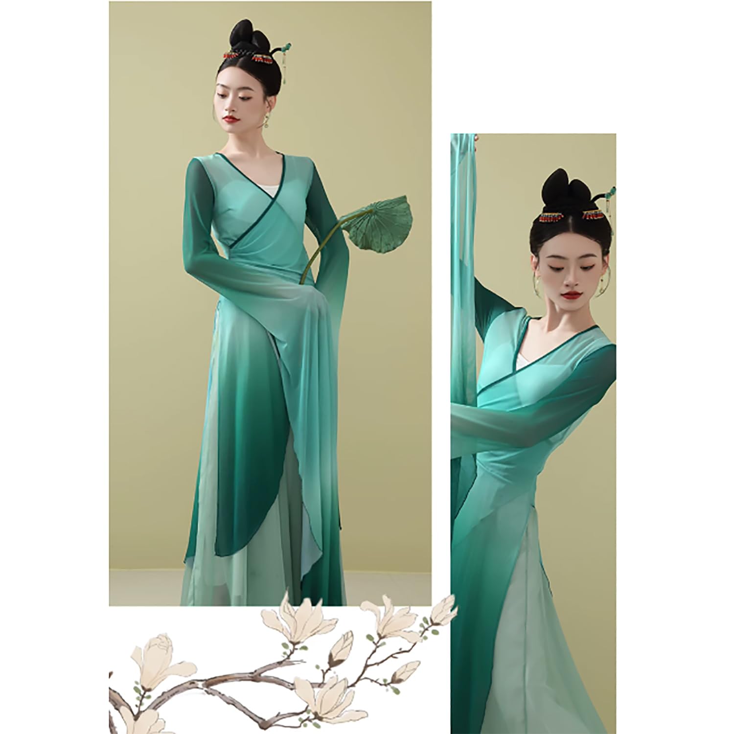 Klassische Chinesische Tanzvorführung in Grün Mit Farbverlauf Kostüm Orientalische Hanfu Kleidung Mit V Ausschnitt Unterhemd Mit Passendem Rock Für Tänzerinnen