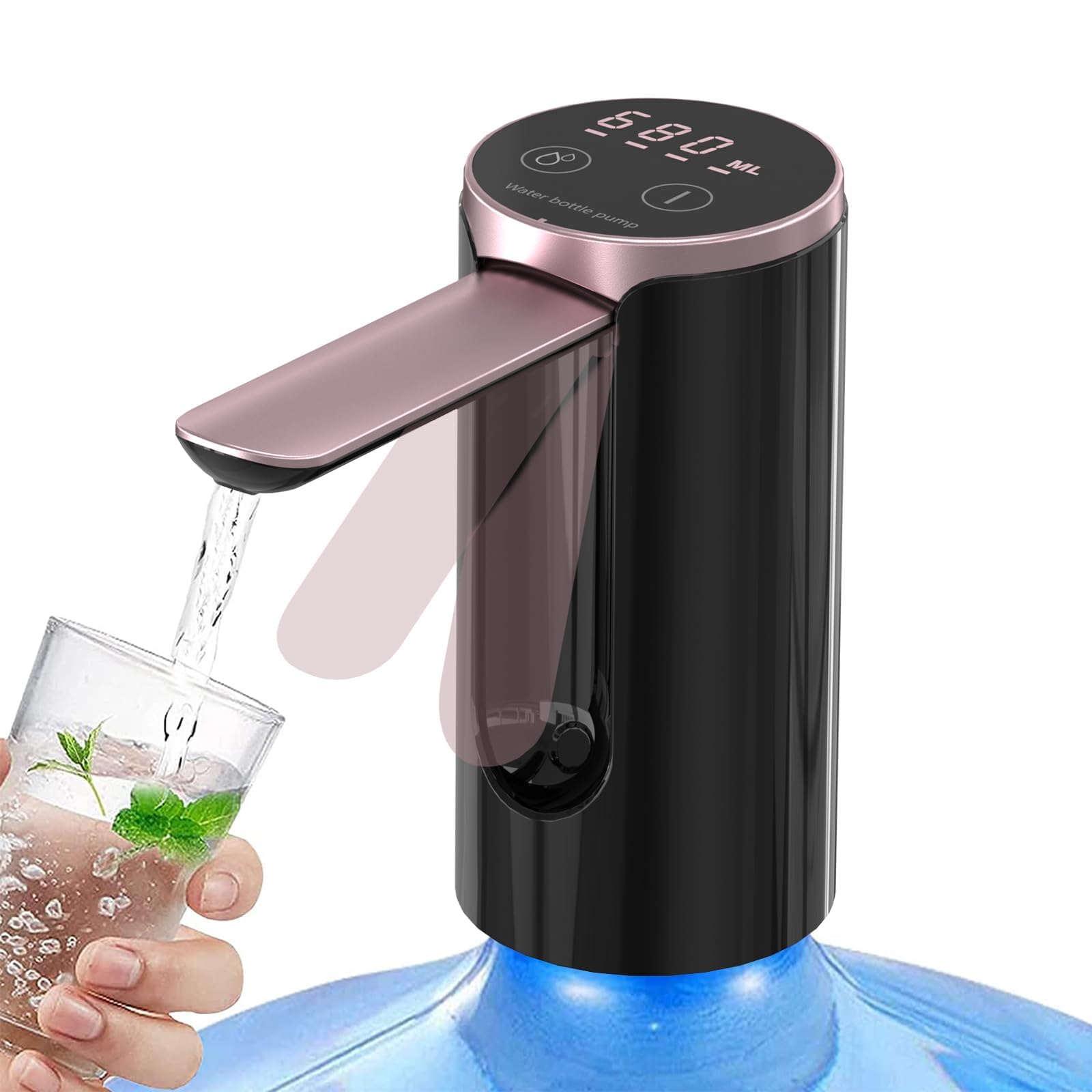 Automatic Water Dispenser Pump, 3 Quantitative Settings Drinking Water Pump with LED Display, Foldable USB Rechargeable Electric Mini Water Pump for 20 Litre Bottle Can for Home (Black & Rose Gold)