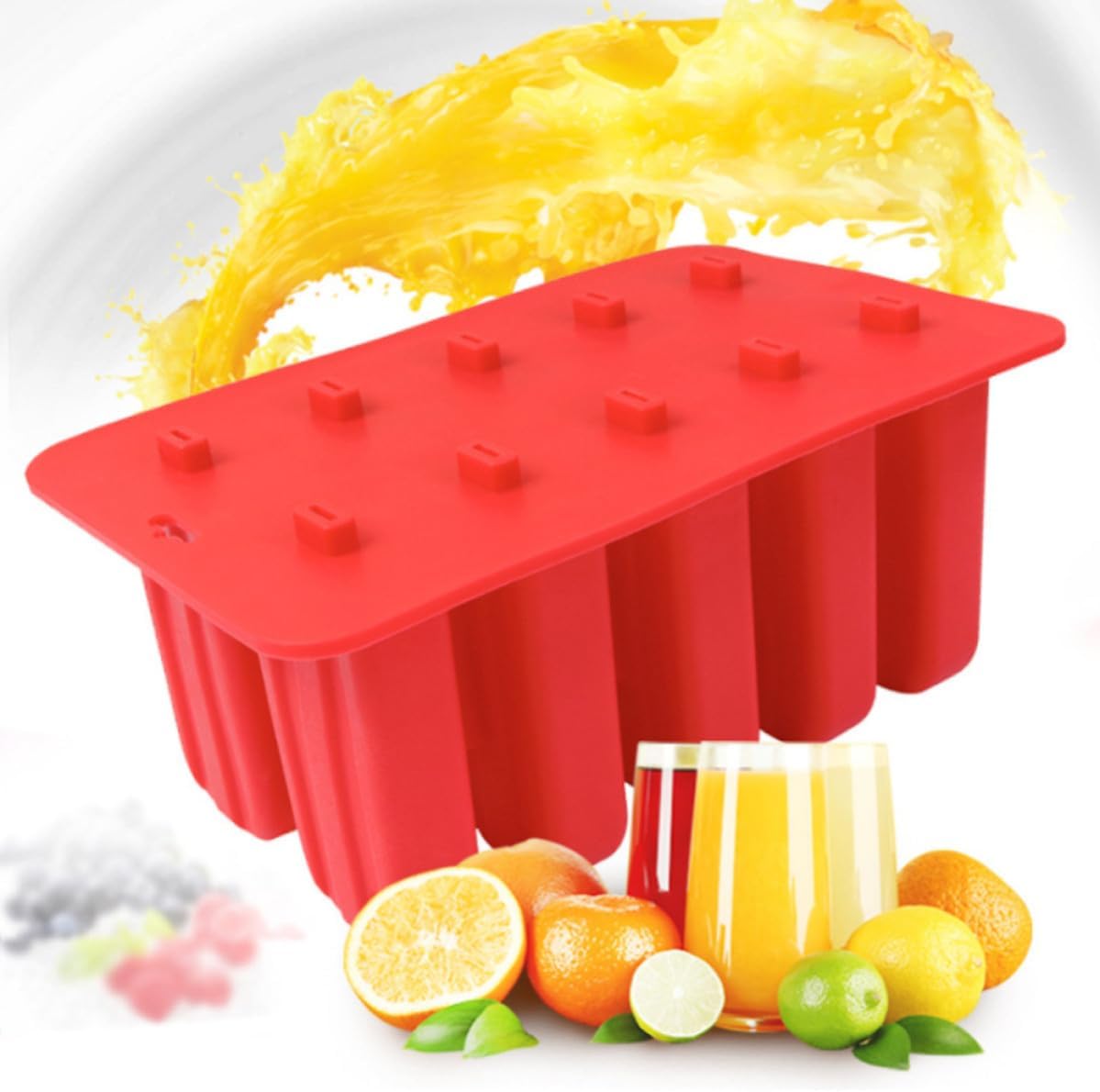 Red Silicone Ice Pop Molds with 10 Grids, Reusable Maker