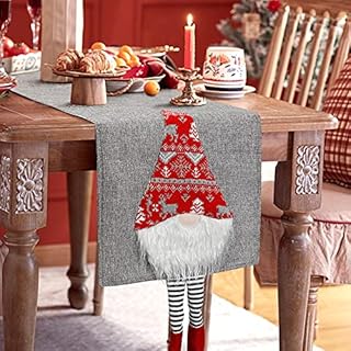 Betylifoy Christmas Table Runner Xmas Table Runner Santa Gnomes with Long Legs Christmas Rustic Table Linens Grey for Christmas Holiday Decorations Xmas Party, 33x180cm (Grey)
