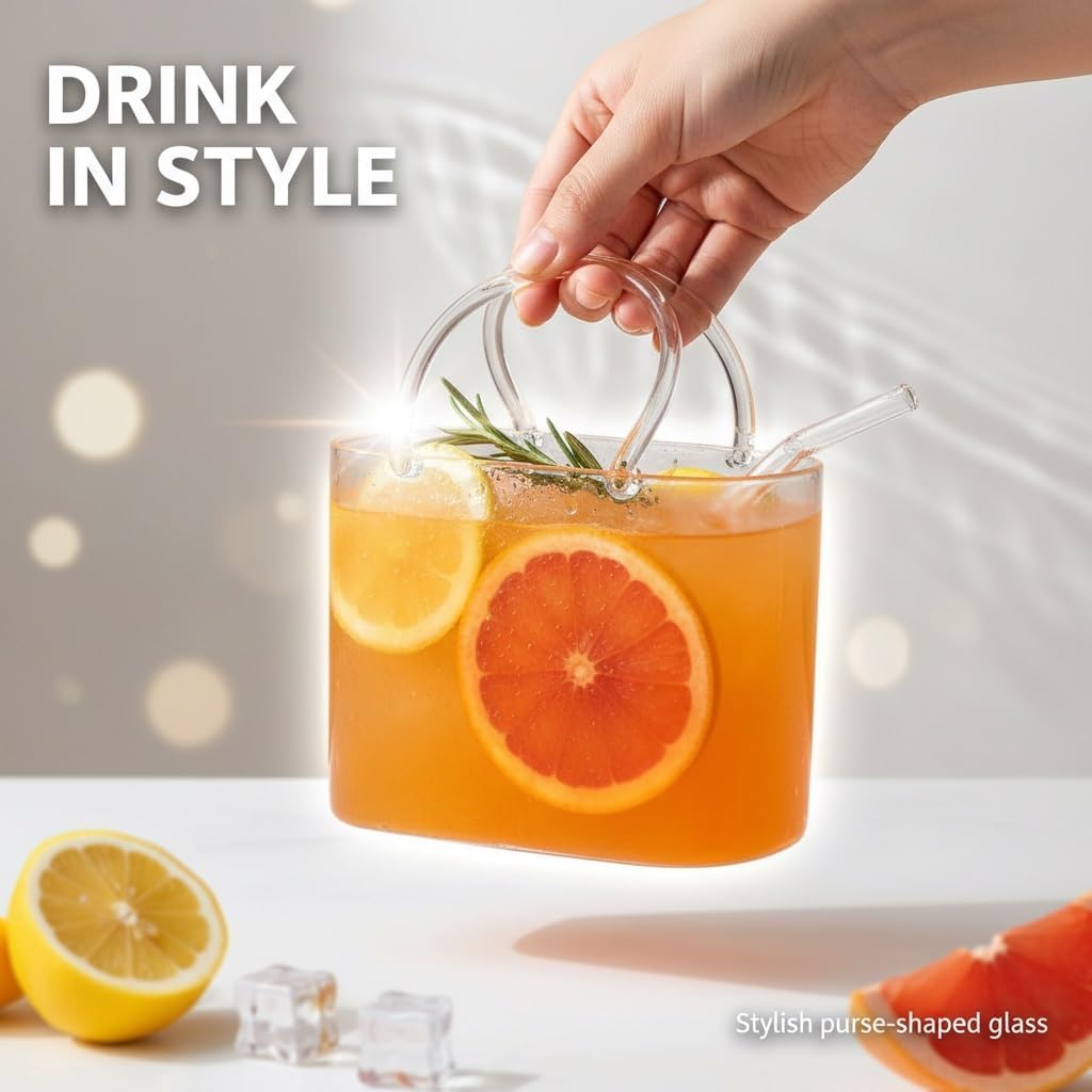 Glass Purse for Drinks, Unique Handbag-Shaped Purse Glasses, Creative Bag Shape Drinking Cup with Glass Straw, Cocktail Wine Glasses Vase for Juice Tea Flowers Home Bar Party Decor