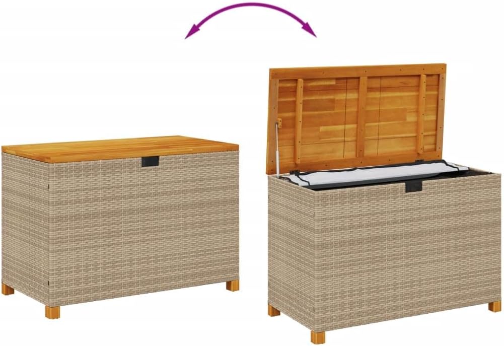 Patio Storage Box, Deck Box Organization and Storage, Deck Storage Container Box for Patio Furniture,Outdoor Cushions, Pool Supplies, Beige 43.3"x21.7"x24.8" Poly Rattan Acacia Wood