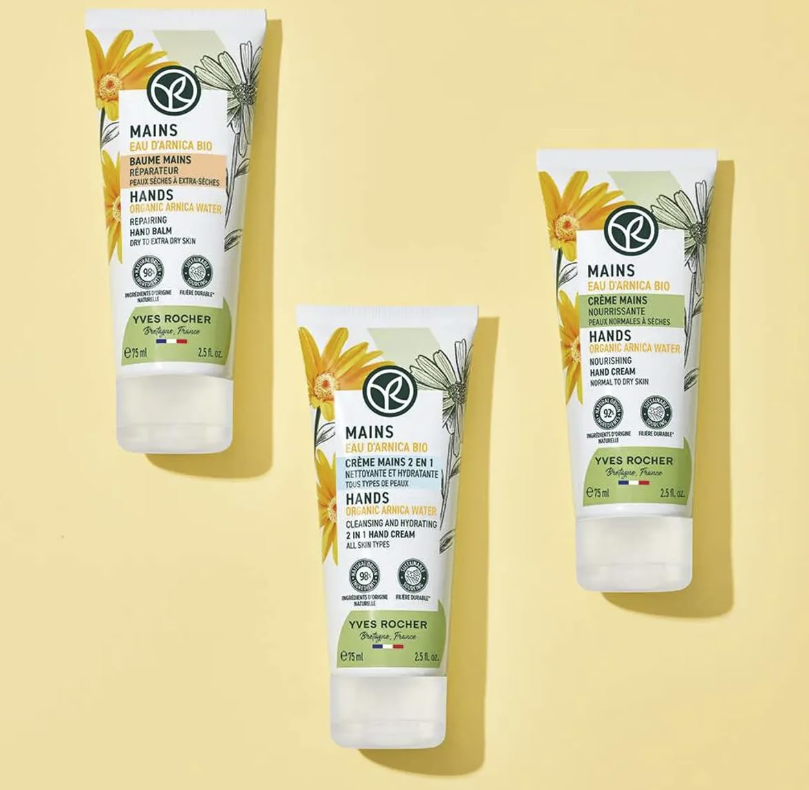 Yves Rocher PUR ARNICA Restorative Hand Cream – Set of 2 with Organic Arnica Intensive Moisturizing Hand Care for Very Dry Skin 75 ml/2.5 fl.oz