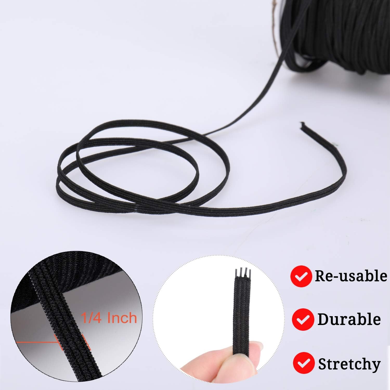 10-Yard Elastic String 1/4 inch Black Elastic Band for Sewing Mask/Knit Elastic Spool/Elastic Strap/Flat Elastic Band Cord for Wig,Clothing