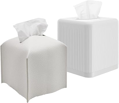Livelab Tissue Box Cover, Modern Square PU Leather Tissue Box Holder + Square Plastic Tissue Box Holder Decorative Facial Tissue Dispenser for Bathroom Vanity Countertop, Living Room, Bedroom, Office