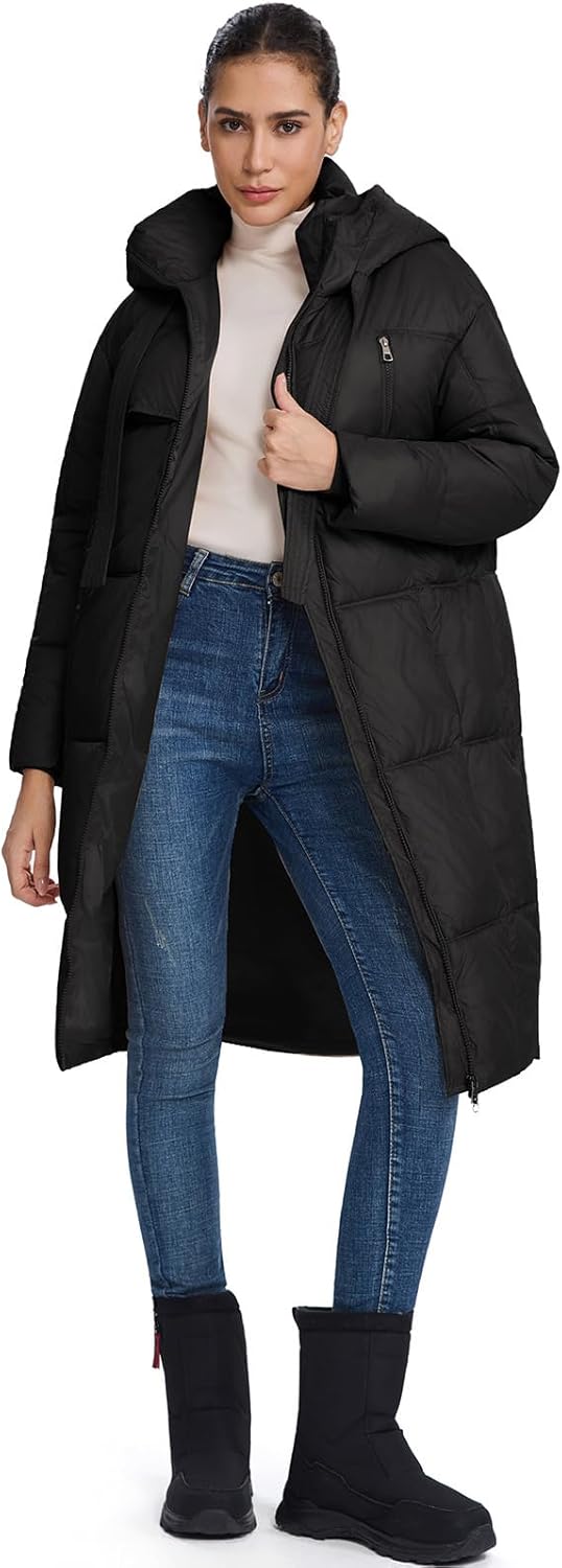 ALSOGO Women's Long Puffer Coat Thickened Hooded Quilted Padded Jacket Warm Winter Down Parka with Zipper Pockets