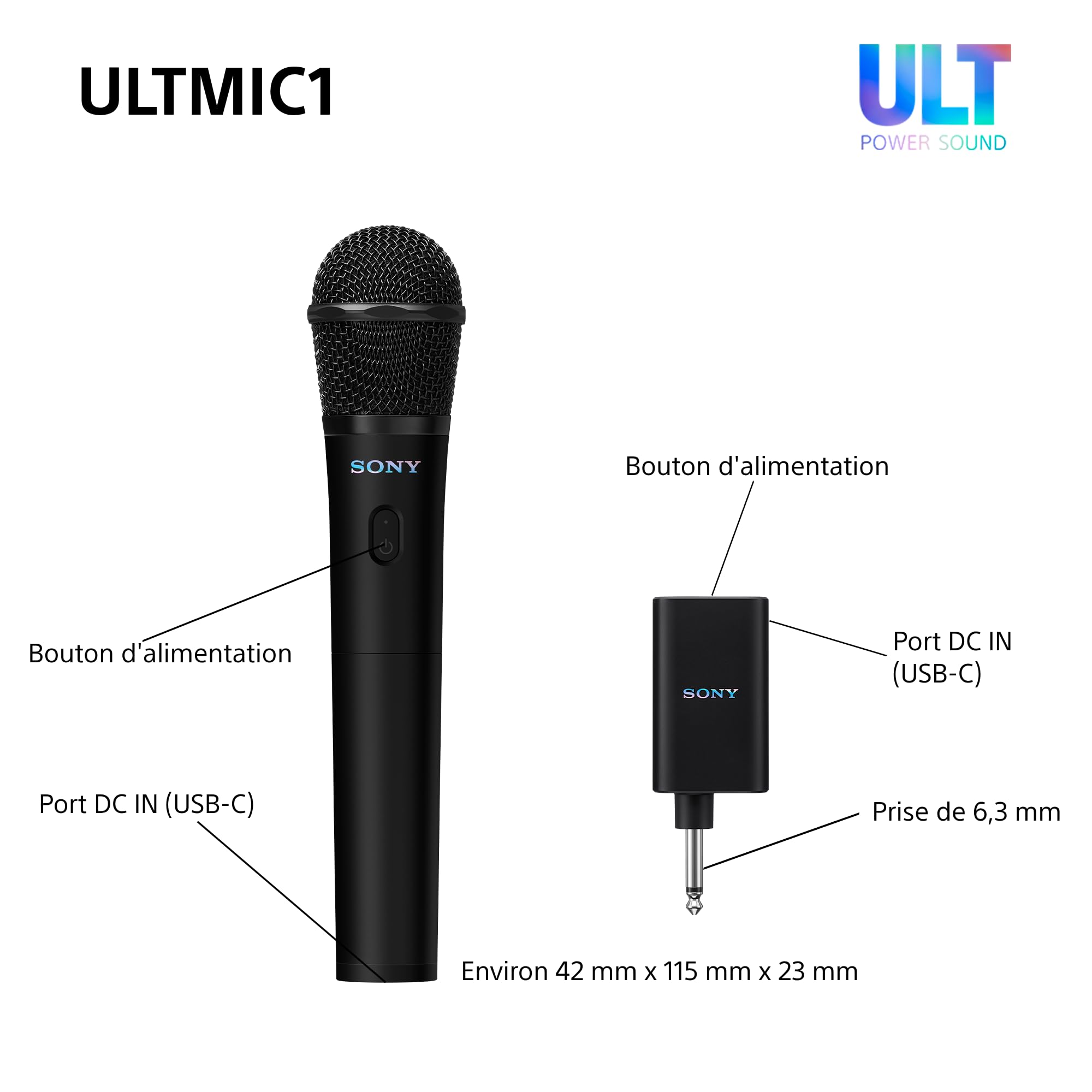 Sony ULTMIC1 - Pack de 2 Microphones sans Fil et récepteur, réduction de Bruit avancée, Duet Assist, Batterie de 20h, résistant aux Chocs, Parfait avec Les Enceintes festives ULT Power Sound - Noir