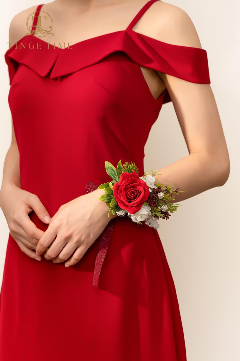 TINGE TIME Red Corsage and Boutonniere Set, Prom Flower Wrist Corsage Bracelets, Boutonniere for Men Wedding Flowers Accessories Prom Suit Decorations - Image 4