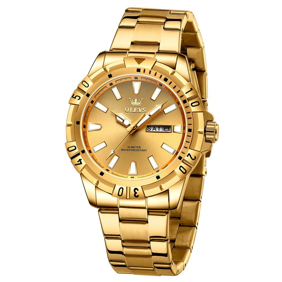 OLEVSWatch for Men Gold Black with Large Face Easy-Read Analog Quartz Date Luxury Stainless Steel Band