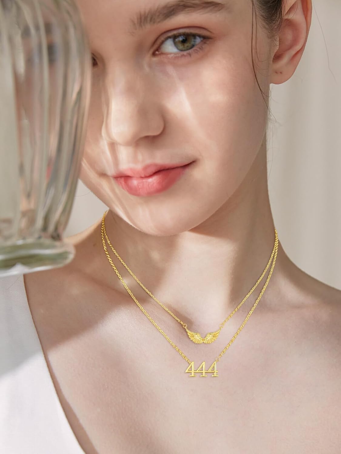 14K Gold Angel Number Layered Necklace for Women, Double Chain Stack Angel Wings Pendant Necklace, Lucky Numerology Jewelry Gifts For Birthday Christmas Birthday - Image 4