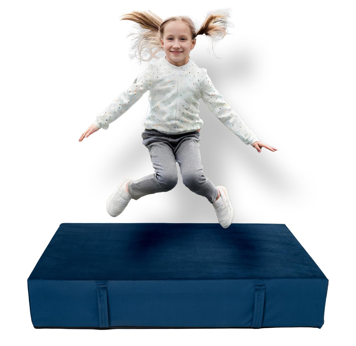 Hüpfmatte für Kinder ab 3 Jahren - 80×100×18cm - Royal Velvet - Marineblau | Easy Clean, rutschfeste Unterseite, Federn + T30/150-Schaumstoff, abnehmbarer Bezug, Spielmatratze