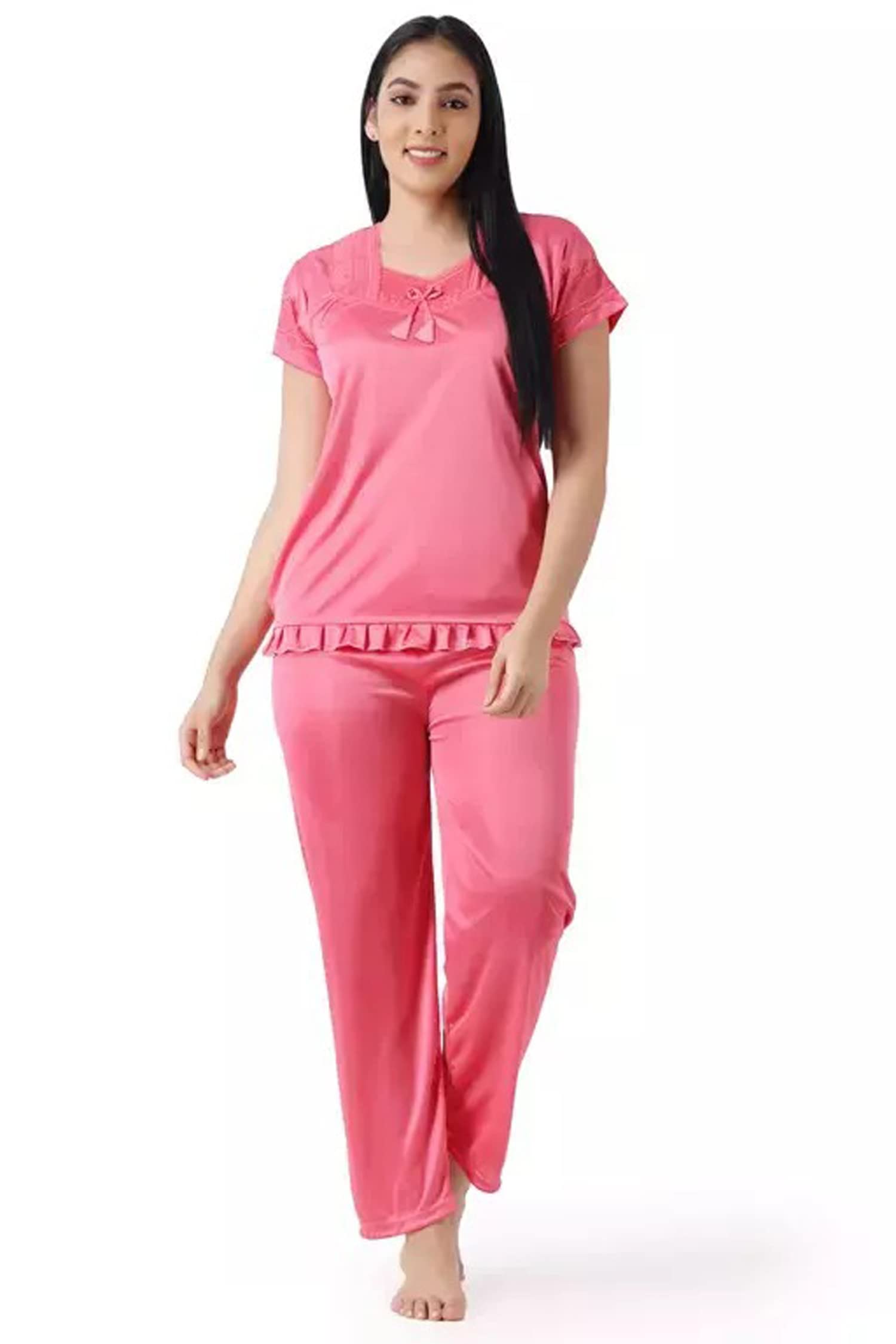 Women's Solid Night Suit Set Nightdress Sleepwear and Lounge Wear/Top & Payjama Set (Coral Pink)-image-29