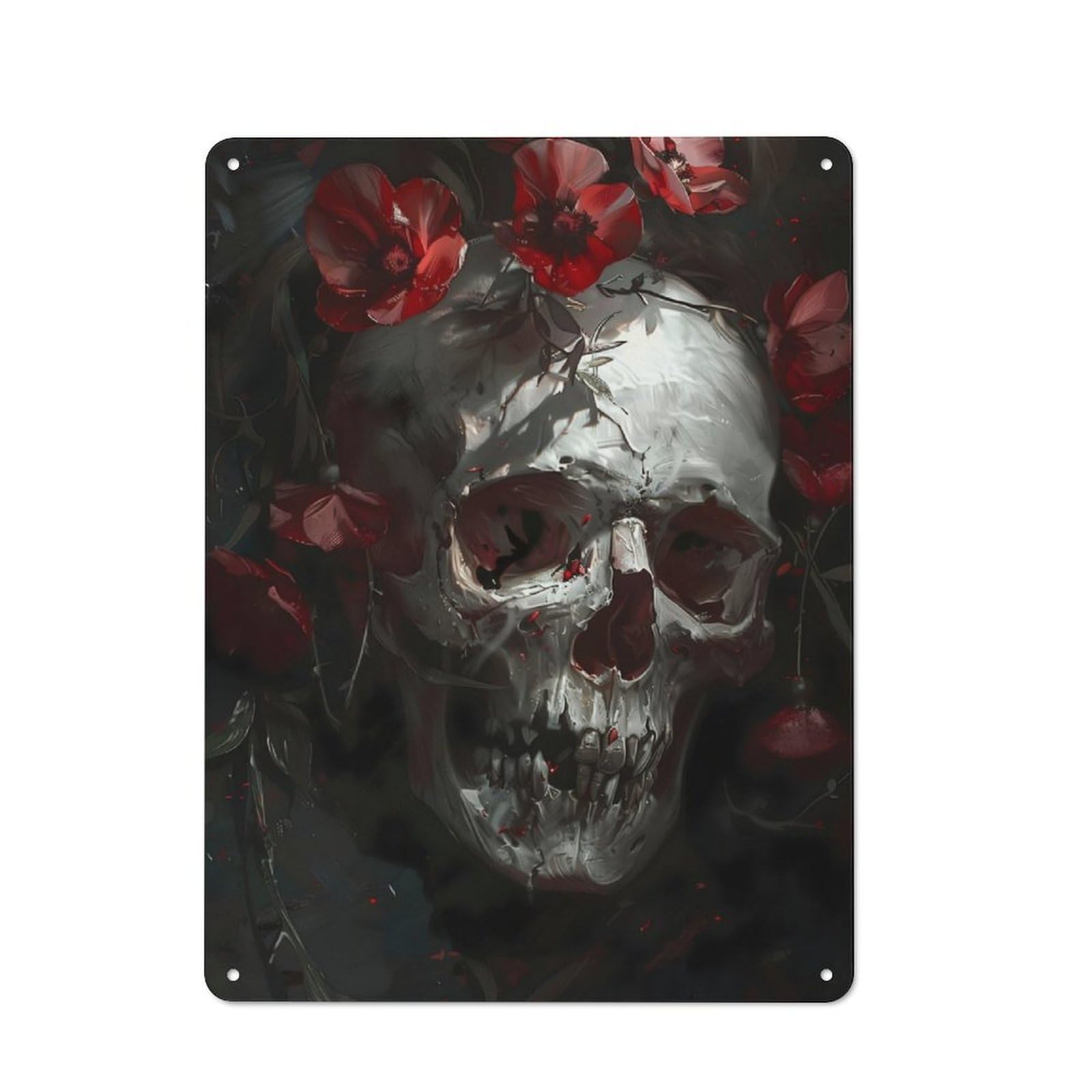 Junmoney Skull Red Flowers Vintage Tin Wall Plaque 40X30cm For Workshop Wall, A Decorative Christmas Gift For Makers And Diy Enthusiasts