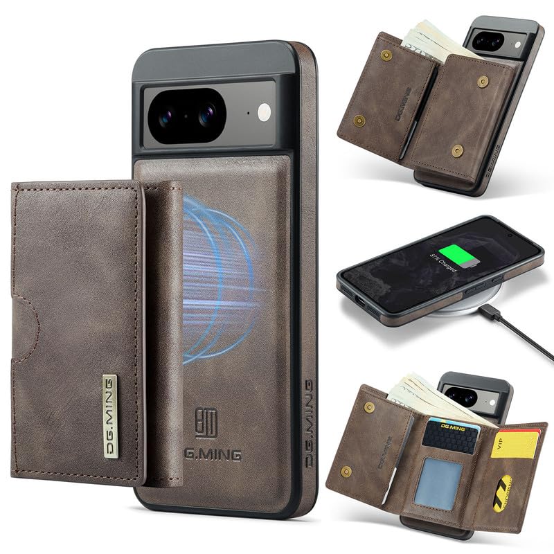 Étui en cuir pour Google Pixel 8 : portefeuille magnétique café avec 6 fentes RFID