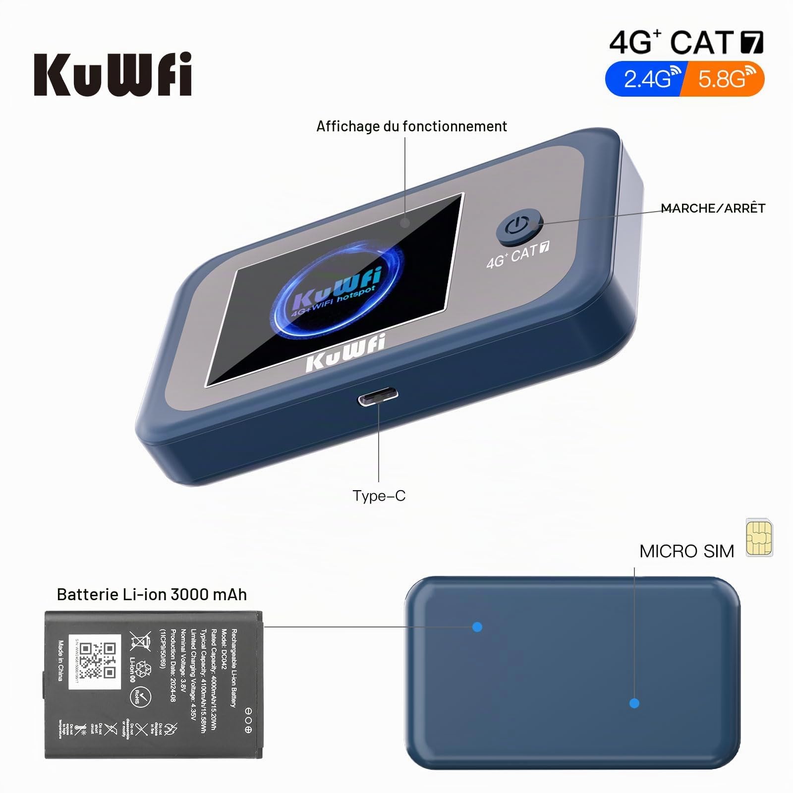 KuWFi Routeur WiFi 4G+ Portable, Hotspot LTE Cat7 Débloqué pour Voyage | Routeur WiFi Double Bande 300 Mbps, Batterie 3000 mAh, Carte SIM 2 Go Incluse, Idéal pour Camping-car, Voyages et Télétravail