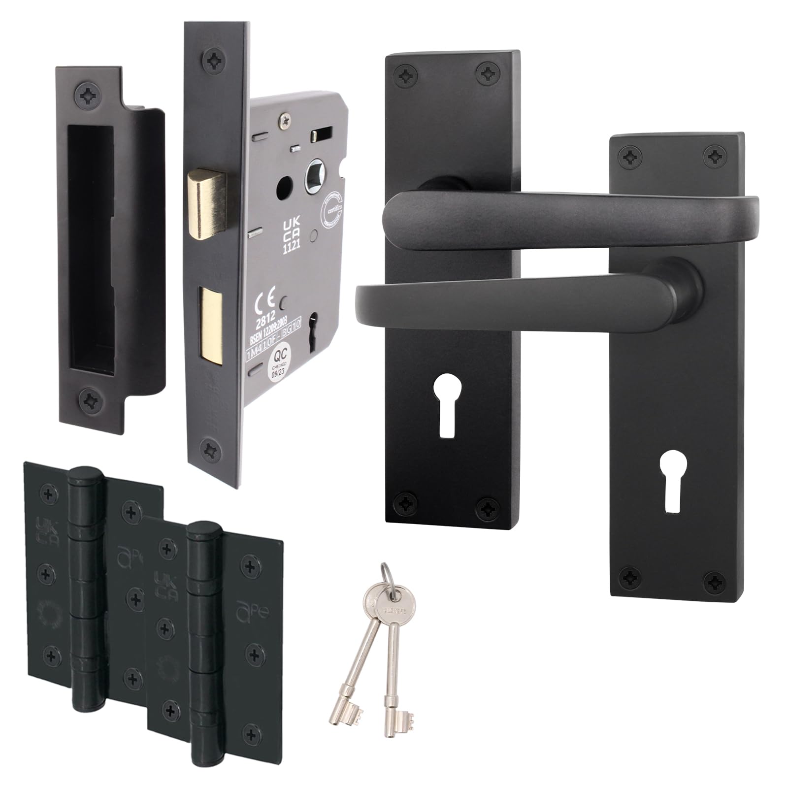 EAI Black Door Handles with Sash Lock 64mm and Hinges