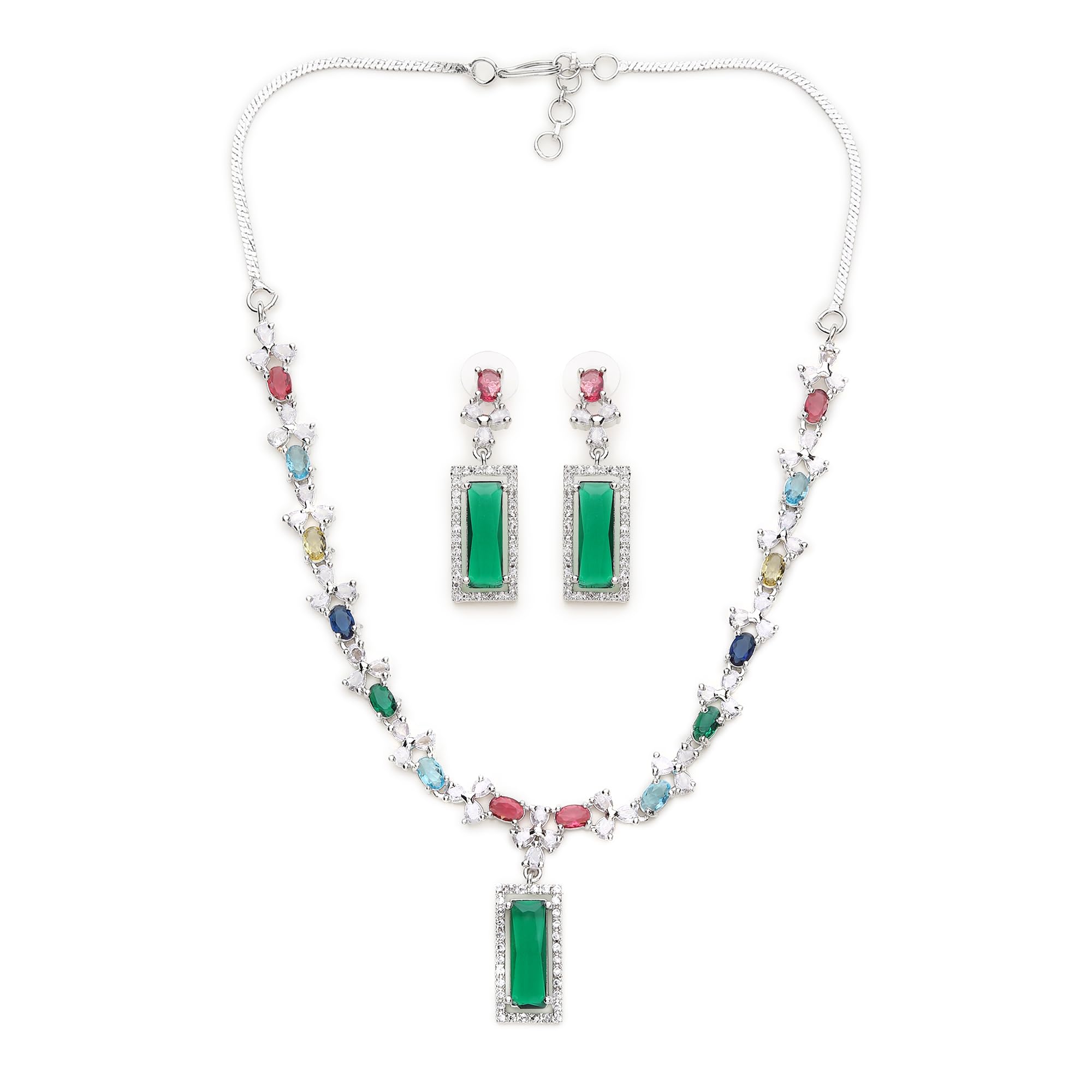 FANCYFIND American Diamond Studded Necklace With Earring | Rhodium-Plated American Diamond Studded Trendy Necklace Detailing Jewellery Set For Women and Girl. (Multi) (B0D9B83TVG) Amazon Price History, Amazon Price Tracker