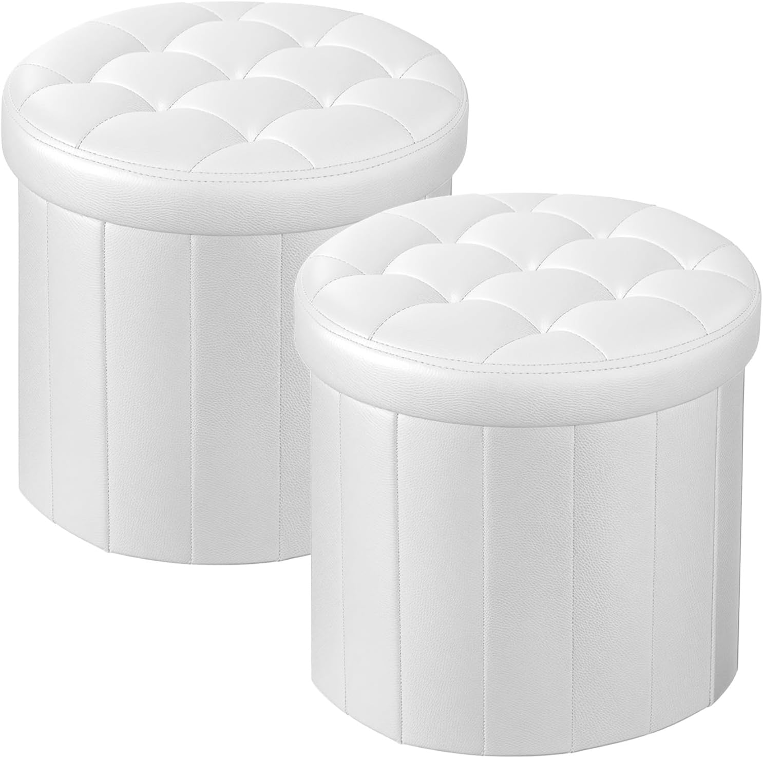 Bsketa® Ottoman with Storage， Foot Rest Stool with Thicker Foam Padded Seat Leather Small Round 14“ x 14” x 13 "Inchs Storage Ottoman Bench for Living Room Foldable Pouf Coffee Table 2 Pack，White