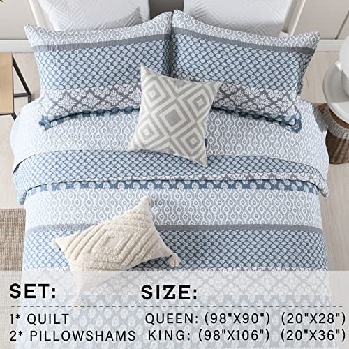 Perhom Quilts Queen Size - 100% Cotton Lightweight Queen Quilt Set, Blue Gray Striped Quilt Bedding Set For Queen Bed, Farmhouse Floral Patchwork Reversible Bedspreads All Seasons, 3 Pieces #TOP7