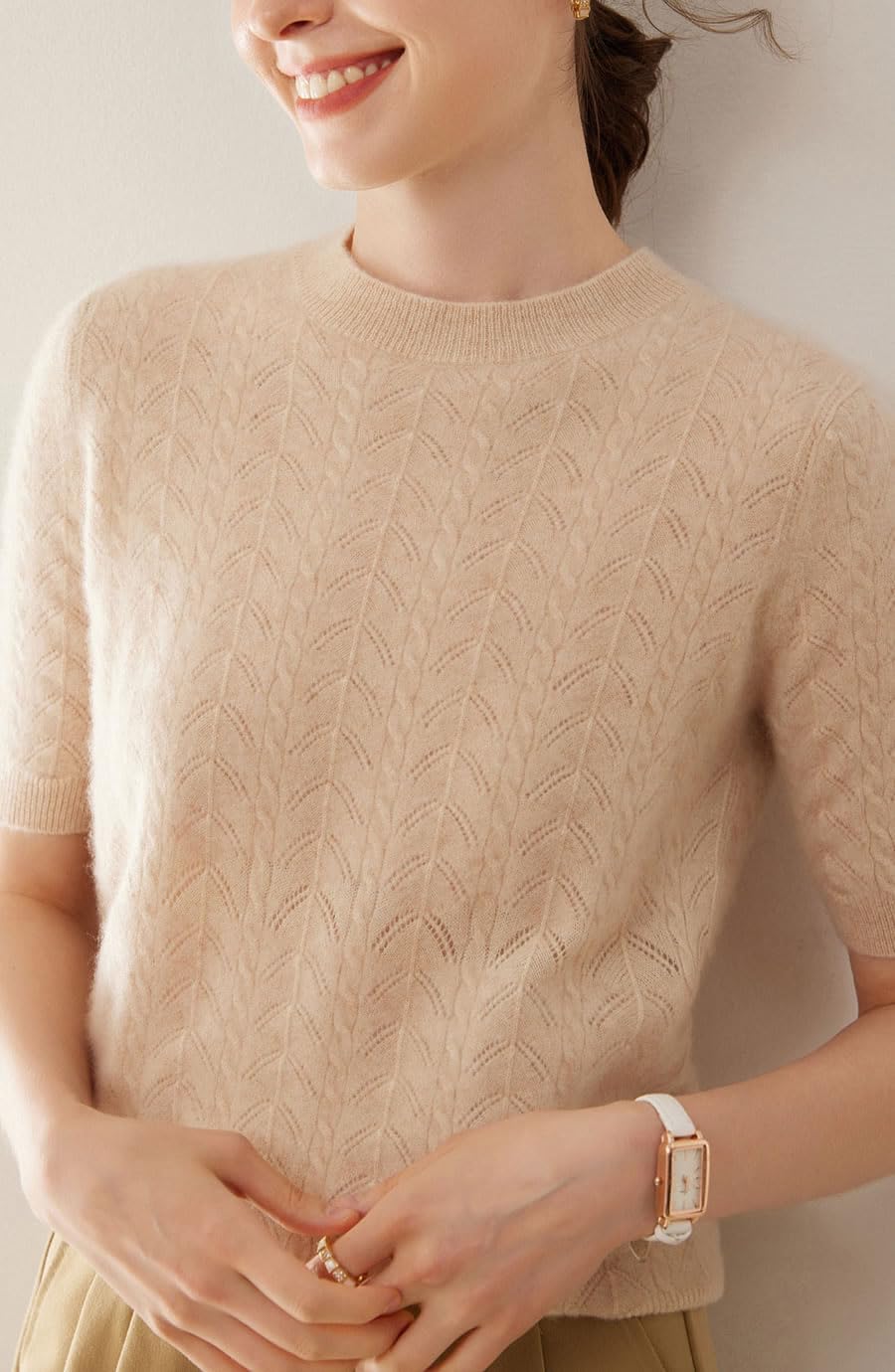 E-girl Maglione da donna 95% cashmere, girocollo, a maniche corte, in lana di cashmere, con crepe, rilassato, SH505