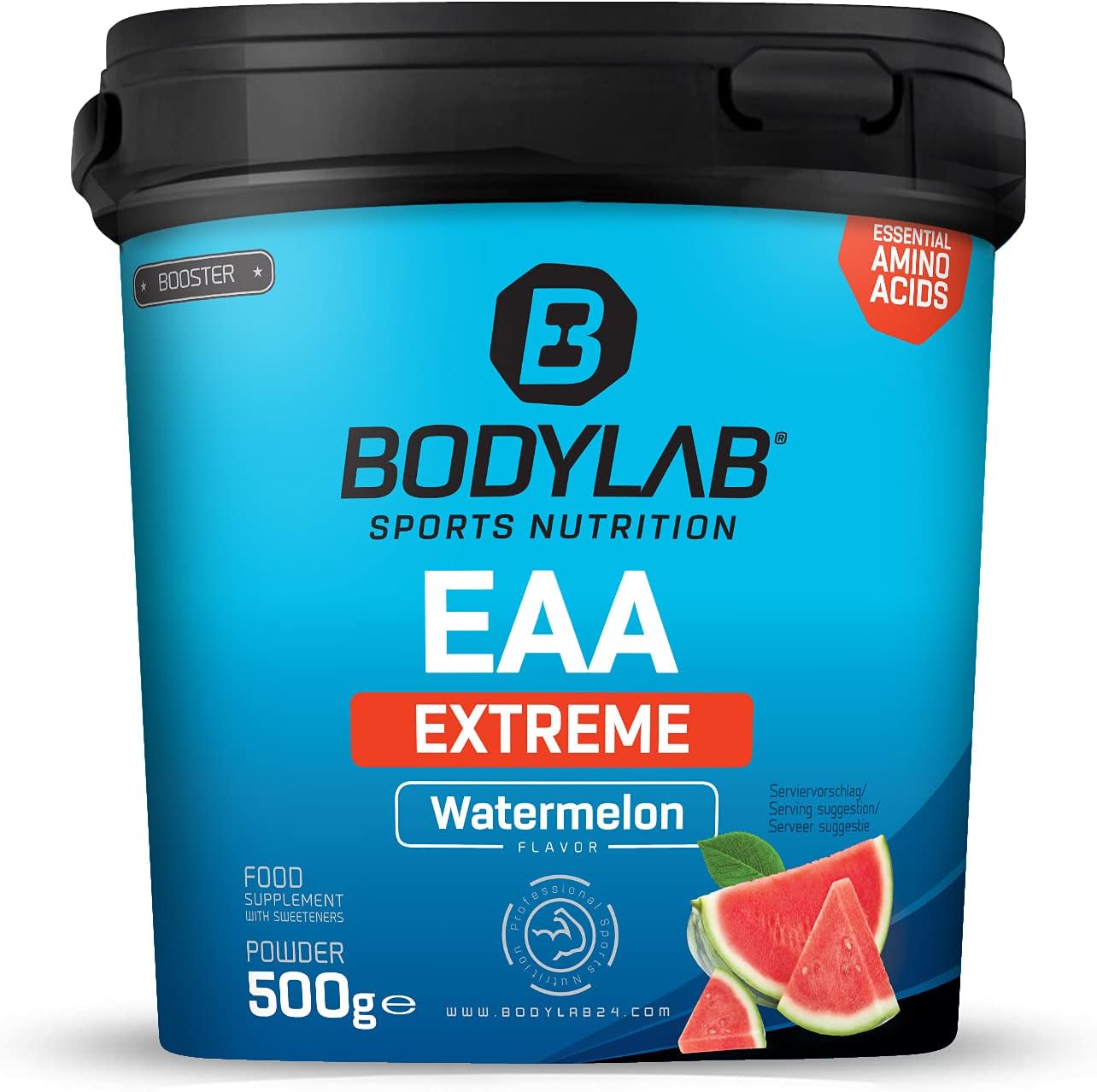 Bodylab24 EAA Extreme 500g watermeloen, essentiële aminozuren, met 1,5g glutamine, 1g alanine en vitamine B6 en B3 als een fruitige drank voor regeneratie en spieropbouw