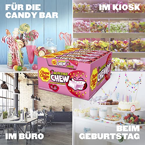 Chupa Chups Incredible Chew Erdbeere, Thekendisplay enthält 20 Stangen Kau-Bonbons mit Erdbeer-Geschmack in der Groß-Packung, geeignet für Geburtstag, 20 x 45g