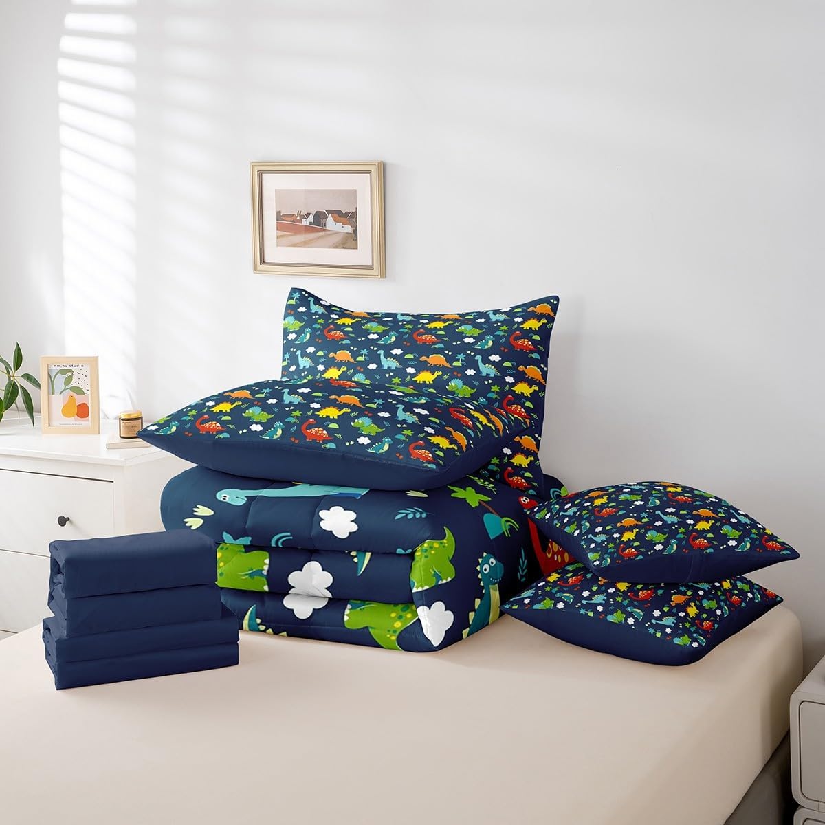 Erosebridal Dinosaur 7 Pcs Comforter Set Queen Cartoon Dinosaur Sheet Set Bed in A Bag Colorful Vehicle Bed Set for Kids Colorful Ancient Jungle Animals Tropical Hawaiian Palm Leaf Blue Bedding