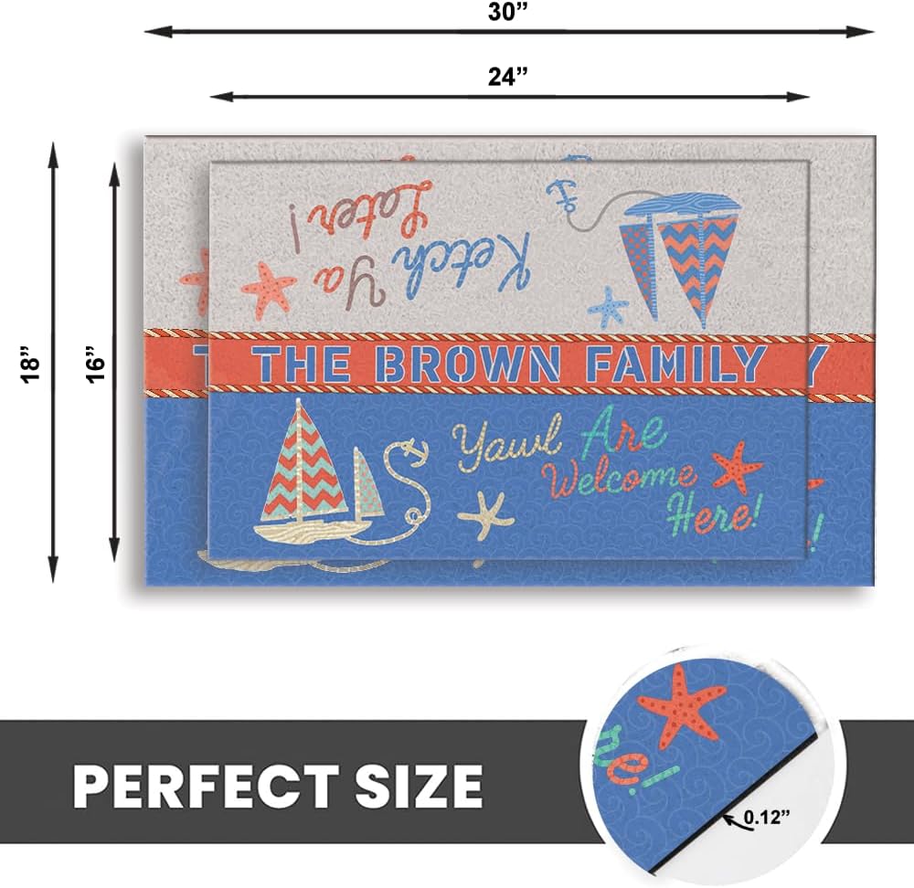 Personalized Coastal Doormat for Beach House – Custom Family Name Nautical Welcome Mat with Anchor and Sailboat Icons – Funny Outdoor Rug for Porch, Lake Cottage, Vacation Home, or Entry Decoration