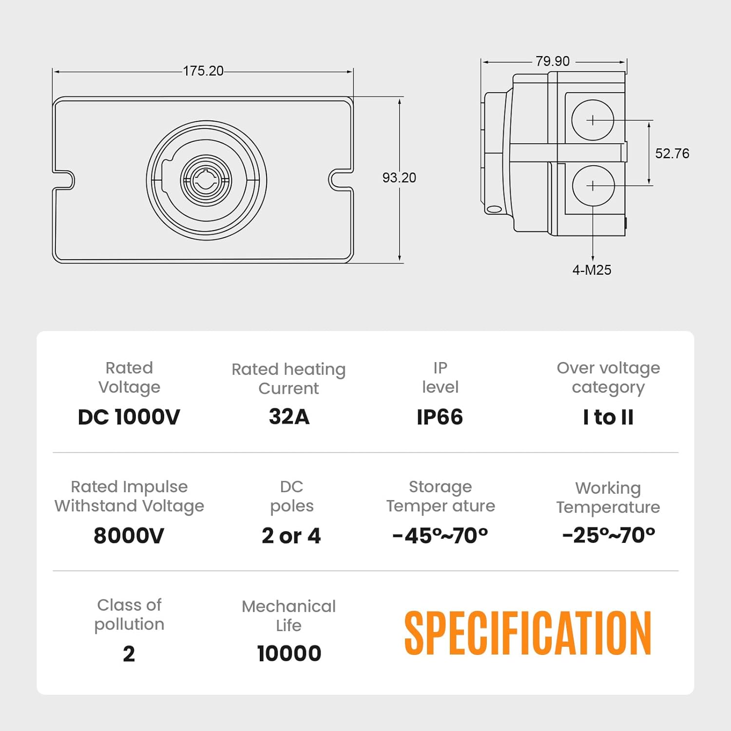 Solar Panel Disconnect Switch 4P 32A 1000VDC Isolator Switch PV System IP66 Waterproof - Ideal for Solar Power Outdoor Isolation Cut Off for Photovoltaic System Repair Replace(1000V 32Amps)