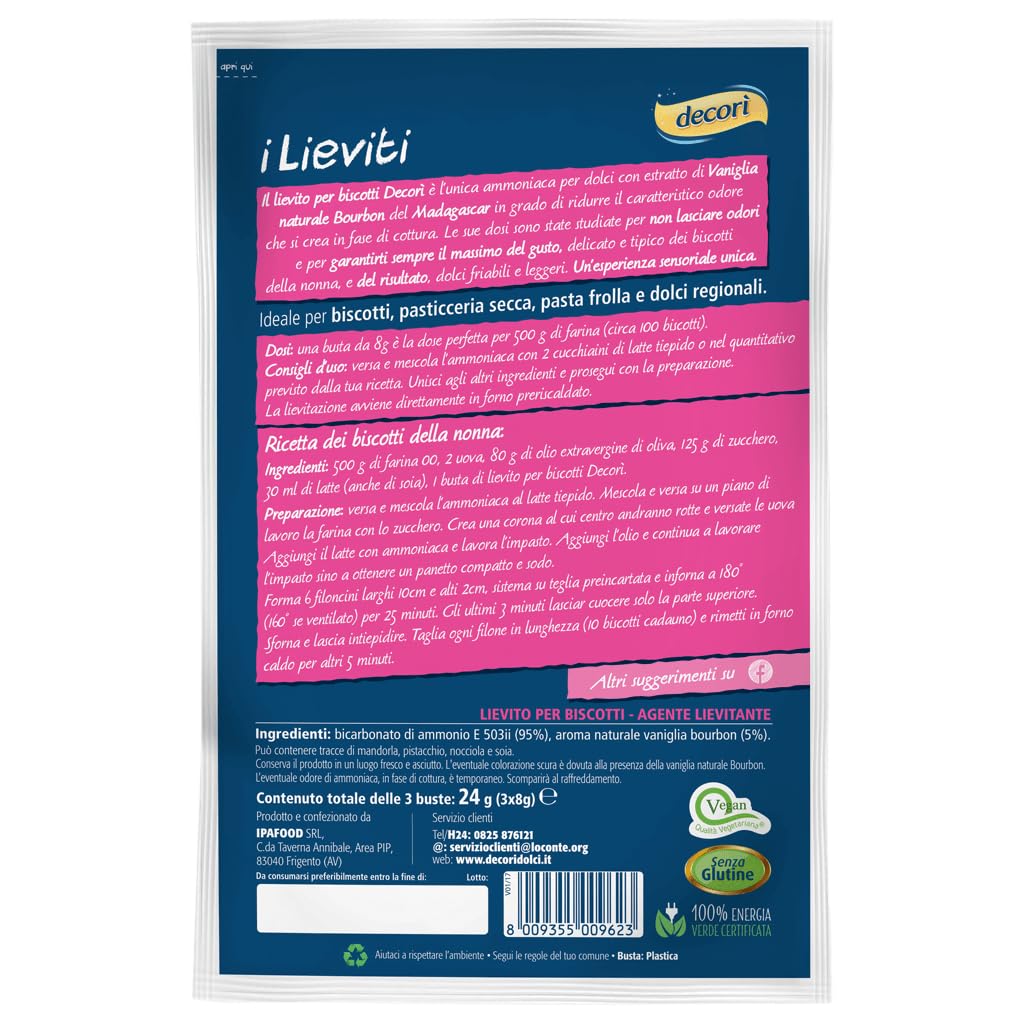 Decorì | Lievito per Biscotti, Lievito Istantaneo Ammoniaca per Biscotti con Estratto Naturale di Vaniglia | Confezione da 24 gr (Pack of 1)