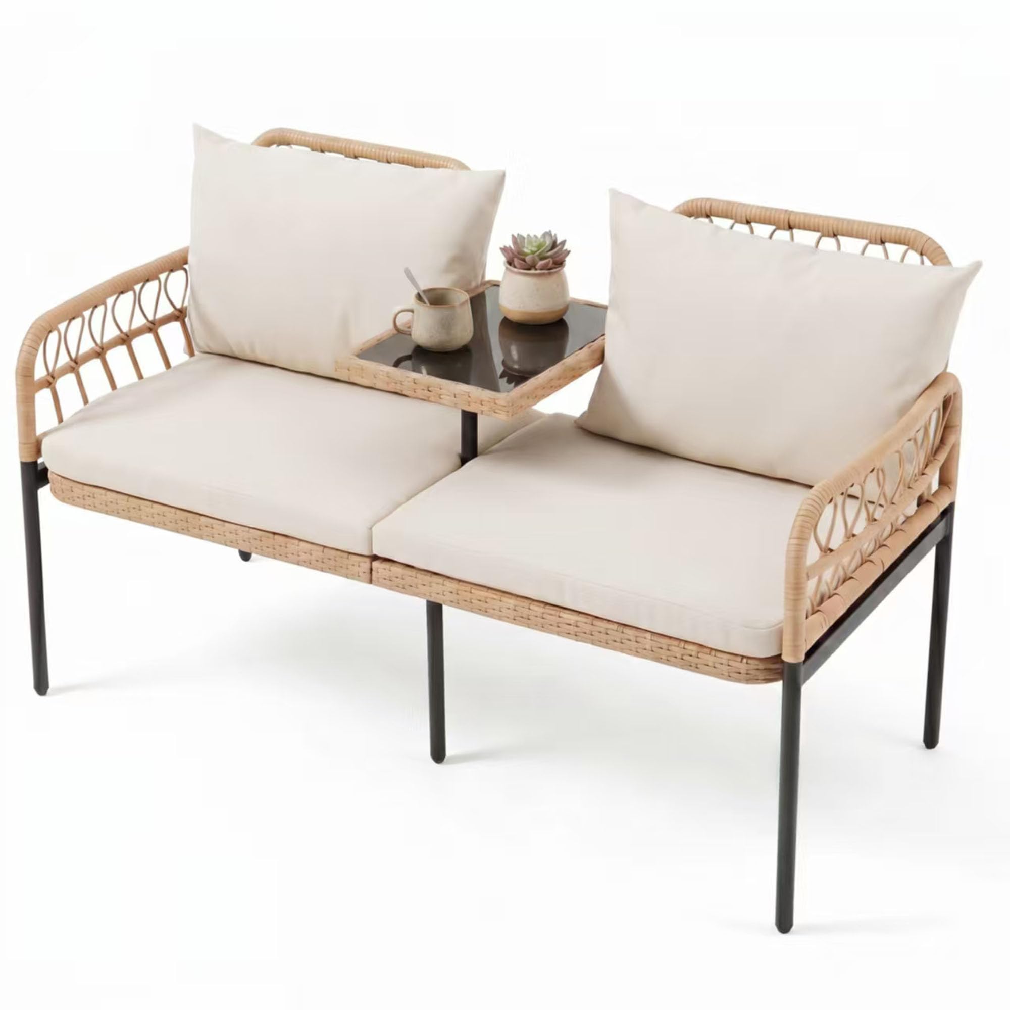 GIANTEX 2-Sitzer Gartenbank mit integriertem Glastisch, wetterfeste Sitzbank aus Polyrattan mit weichen Kissen, belastbar bis 300 kg, Sitzgarnitur für Terrasse, Garten & Veranda, 137 x 64,5 x 84 cm