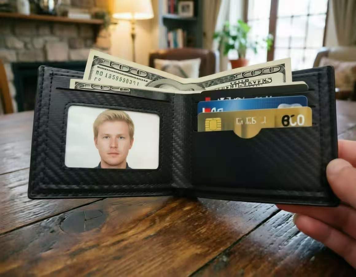 Classic thin charcoal fiber black men's wallet, suitable for various occasions, easy to carry, can safely store cash and credit cards. zipperless (carbon fiber black)
