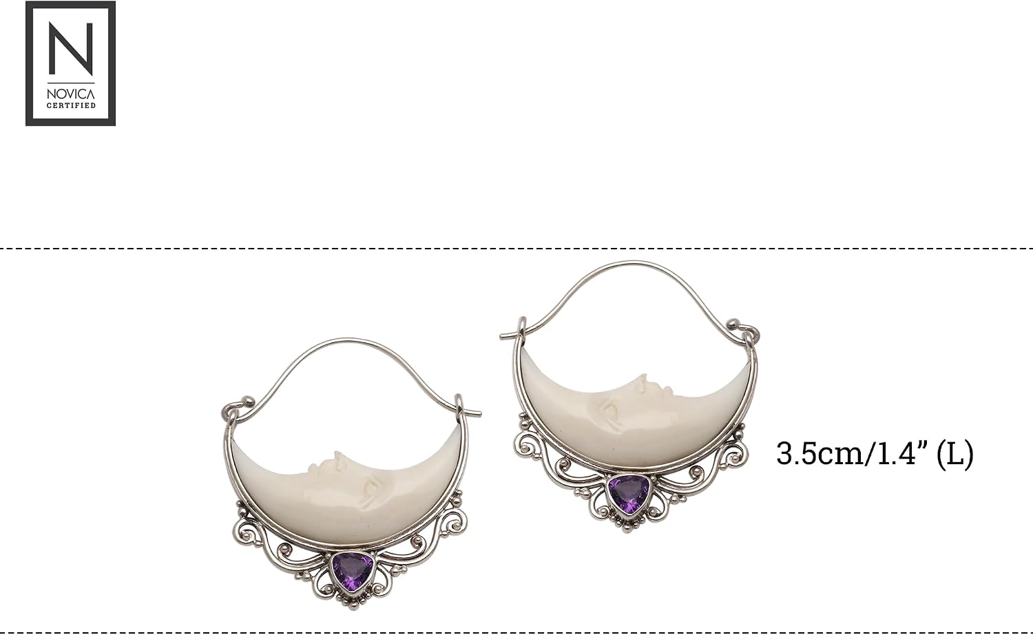 NOVICA Artisan Handcrafted Garnet and Bone Dangle Earrings - Sterling Silver Crescent Moon With French Wire