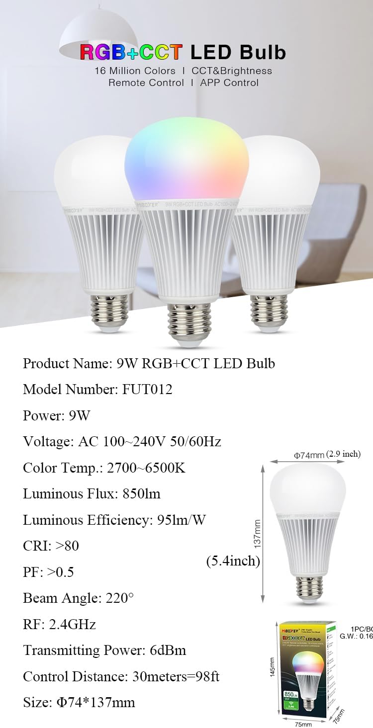 LGIDTECH Pack of 4 FUT012 RGBWW 9W Smart 2.4GHz RF WiFi LED Light Bulb E27 RGB+CCT Color Changing,Color Temperature Adjustable,Remote and Hub for Smartphone APP Control is Sold Separately