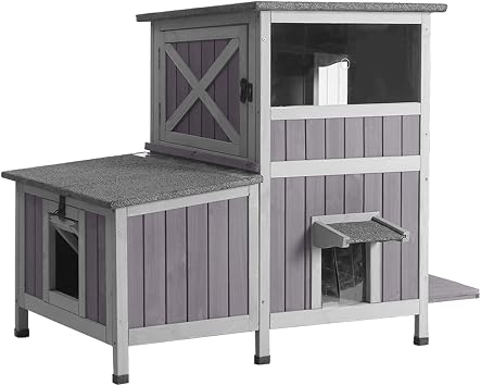Suumerpety Outdoor Cat House Weatherproof, Two-Story Wooden Cat Shelter with Escape Door, PVC Curtains, Removable Floor & Waterproof Roof, Raised Outside Cat House for Feral Cats