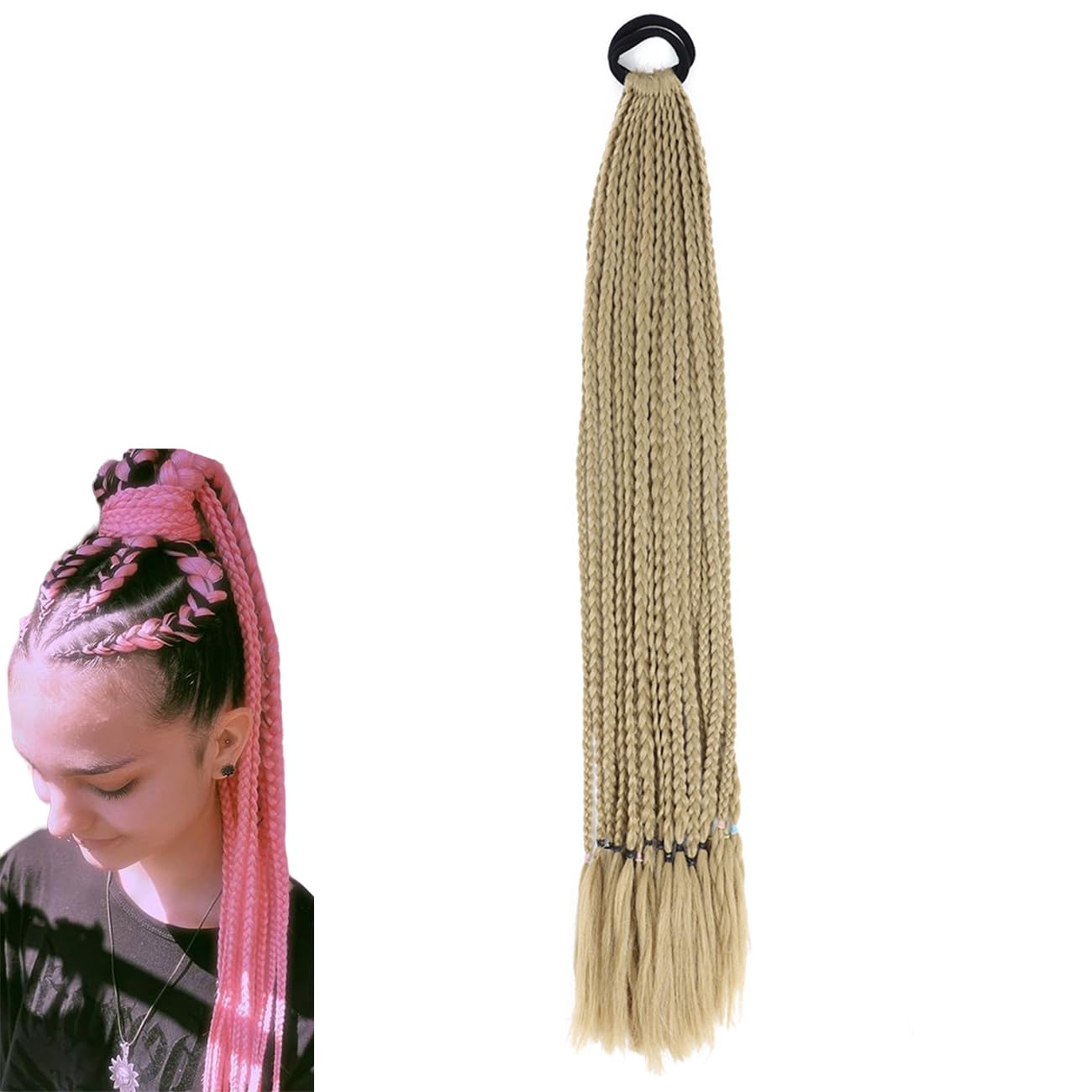 prinfantasy Braided Ponytail Extension with Hair Tie Long Around Ponytail Hair Extensions Soft Synthetic Pony Tail Hairpieces for Women Girls with Bleach Blonde BZ123