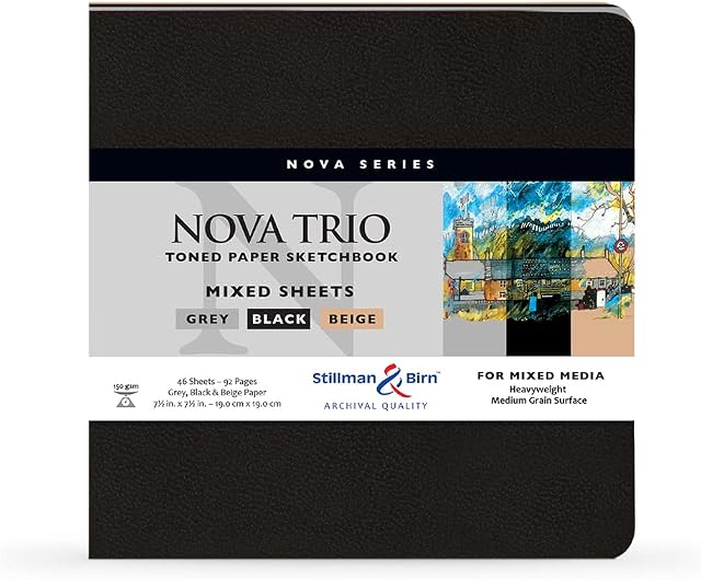 Stillman & Birn Nova Trio Softcover Sketchbook for Mixed Media, 46 Sheets of Heavyweight Paper- Beige, Black and Gray Paper, Medium Grain Surface, 7.5 x 7.5 inches (399750S)