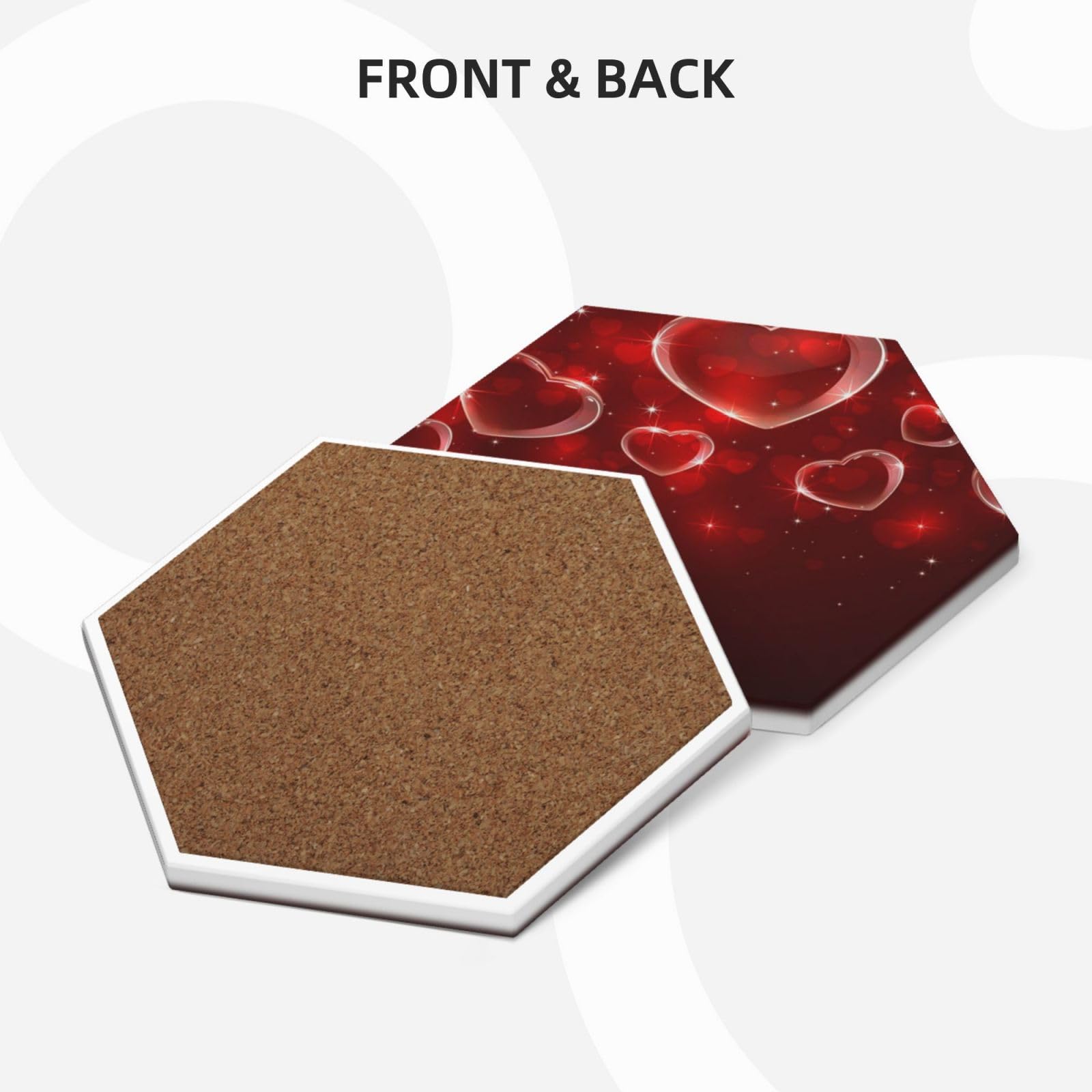 Lot de 6 dessous de verre absorbants en céramique avec base en liège Motif cœur rouge