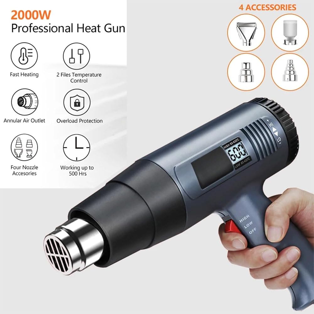 Pistolet à air Chaud à Chauffage Rapide avec écran 2000 W 60 °C à 600 °C Protection Contre Les Surcharges Pistolet Thermique pour Loisirs Créatifs et Rétraction du PVC