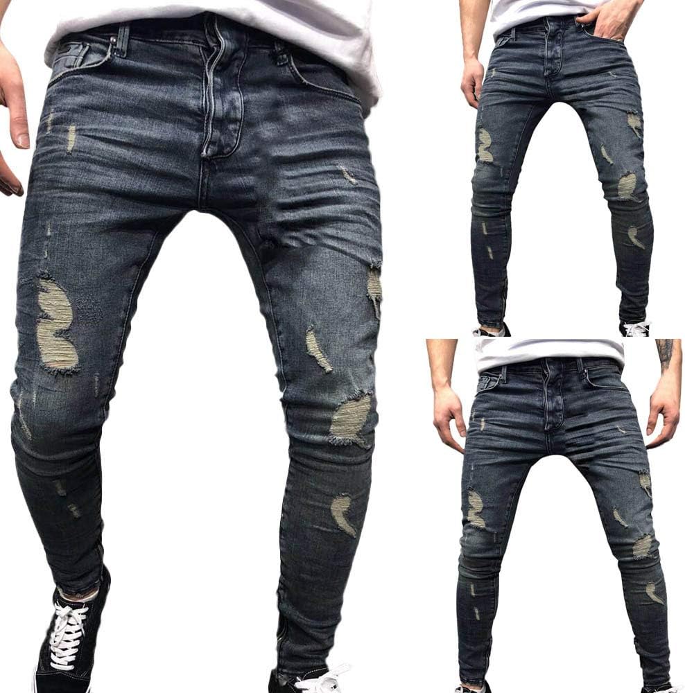 SDGRRipped Men's Denim Distressed Trousers Hole Autumn Cotton Straight Pants Jeans Men's Pants Glitter Foam Star
