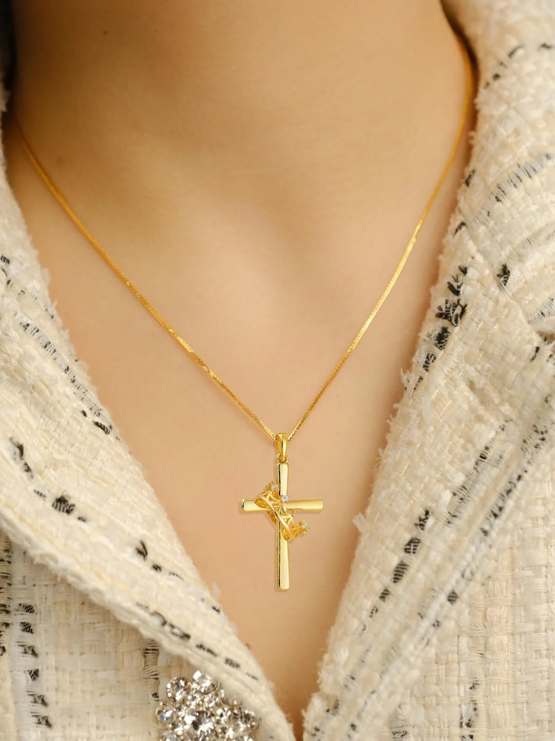 Cross and Crown Necklace for Women 925 Sterling Silver Rose Gold Plated Pendant Necklaces Rotatable Crown Cross Necklace Jewelry - Image 4