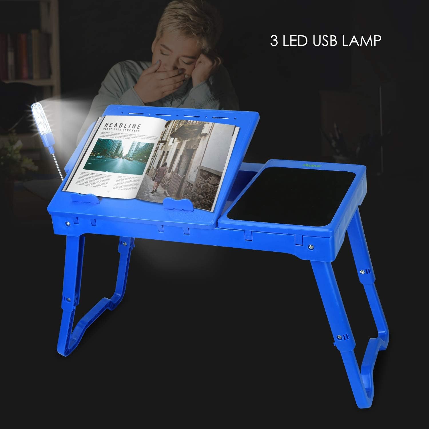 Laptop Bed Stand, Adjustable Laptop Table with Cooling Fan, Foldable Laptop Desk for Bed with USB Hub, LED Light & Storage, Mouse Pad, Computer Tray for Bed, Sofa, Home, Office (Blue)