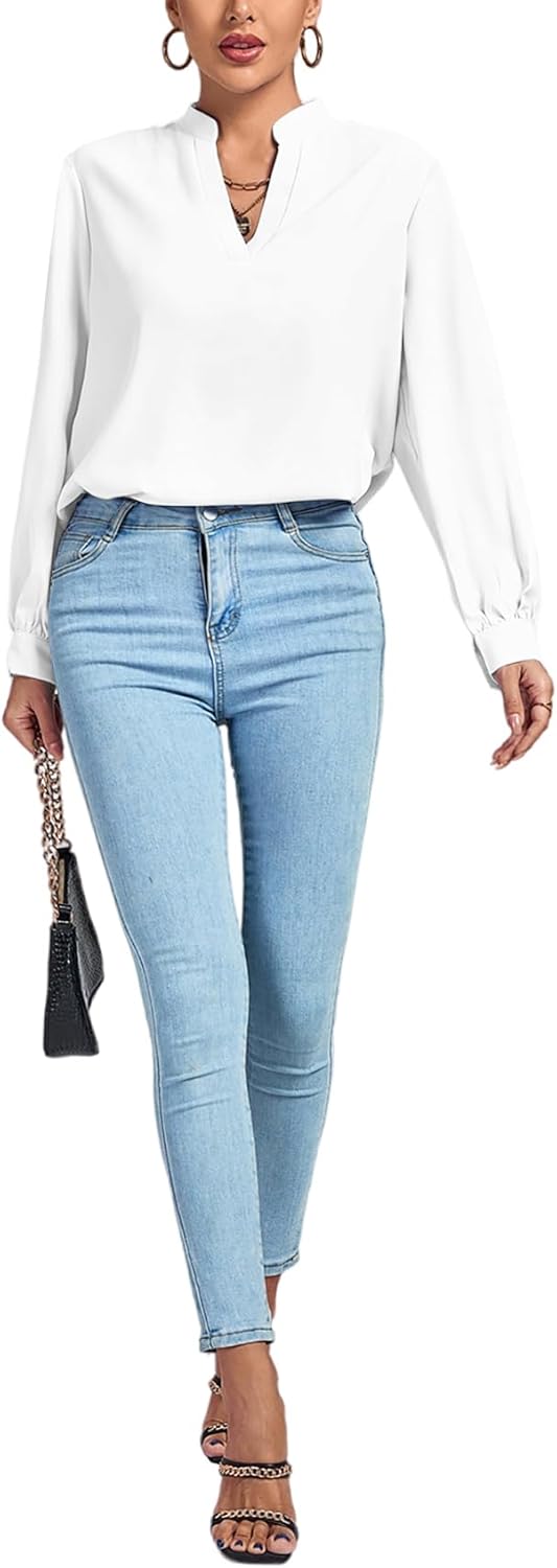 LYANER Women's V Neck Shirred Long Sleeve Office Elegant Tunic Blouse Top - Image 6