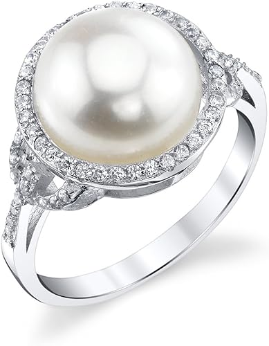 Anillo de perlas cultivadas de agua dulce para mujeres con botón perla y circonita cúbica en plata de ley - The Pearl SOURCE