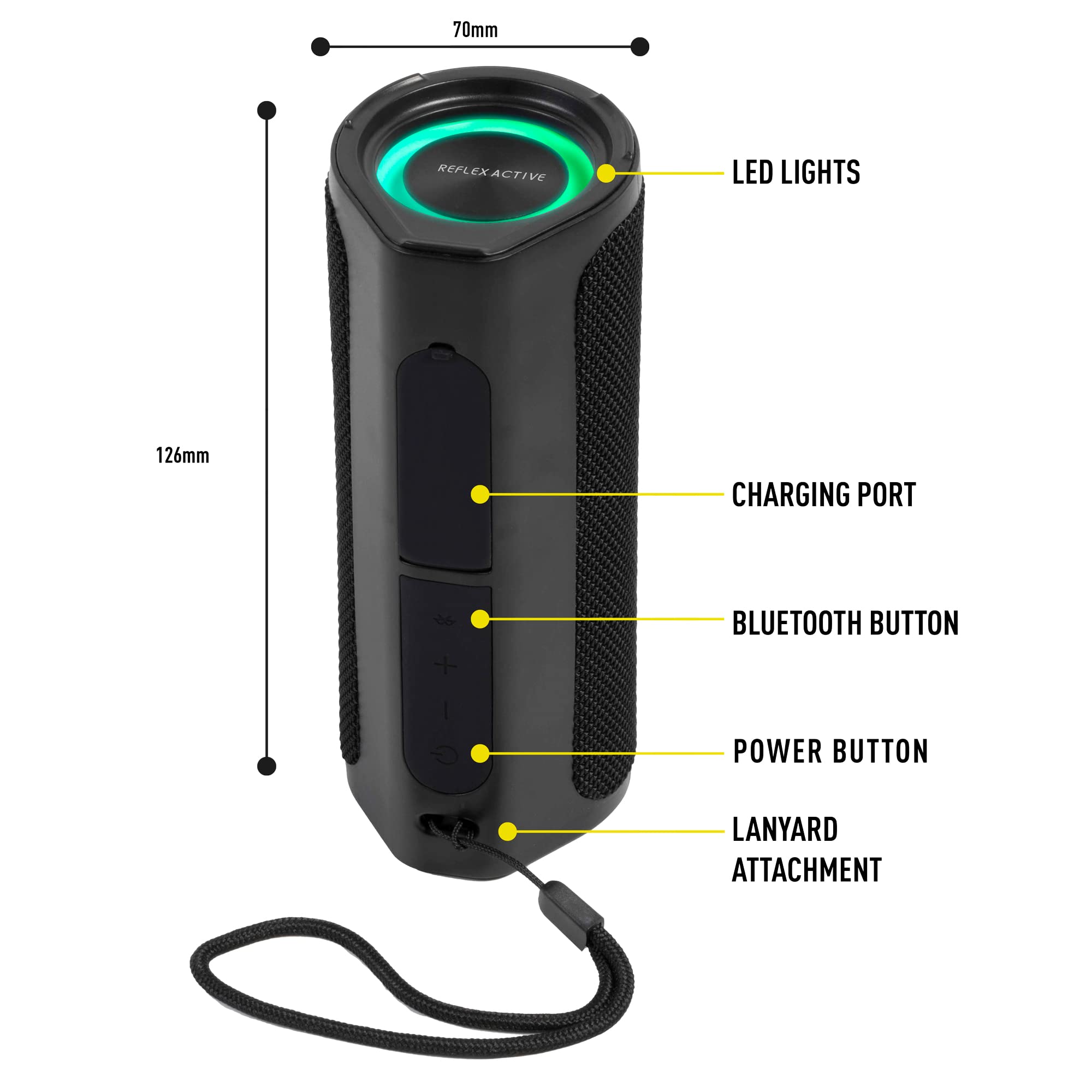Reflex Active Głośnik stereo BT z pasywnym basem. Zewnętrzny odporny na wstrząsy i wodoodporny głośnik. Moc wyjściowa 2 x 2,5 W. Czarne gumowe wykończenie lakieru z logo paska