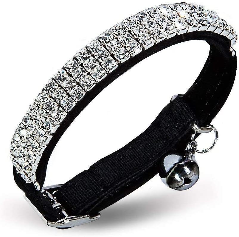 Soft Velvet Safe Cat Bell Collar, Adjustable Mini Bling Diamante with Bells, Safety Quick Releas Belt 11 inch for Small Dogs and Cats (Black)