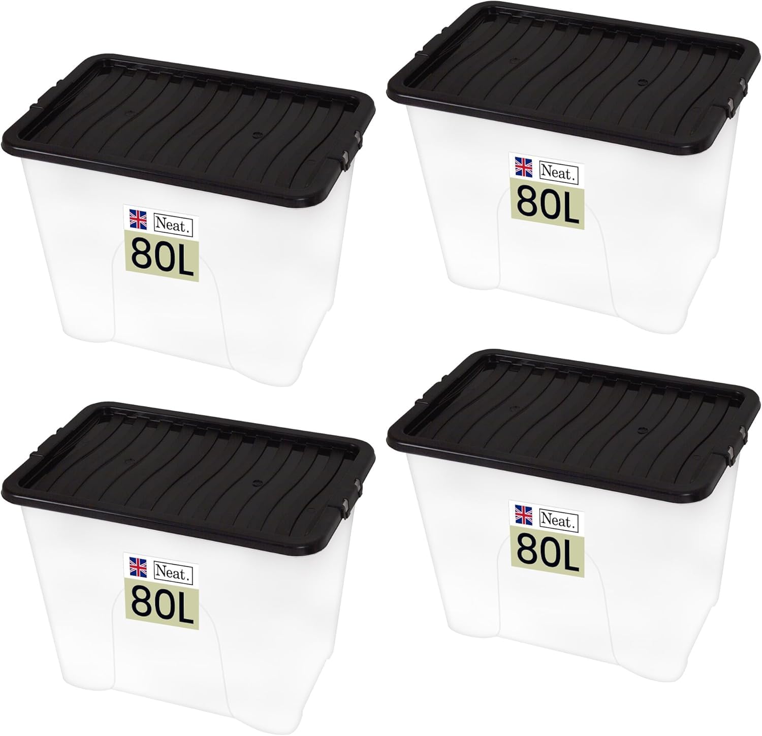 Neat. Plastics Large Plastic Storage Box With Black Clip-On Lids, Durable & Stackable Organizing Box Container For Home, Garage & Office, Set of 4